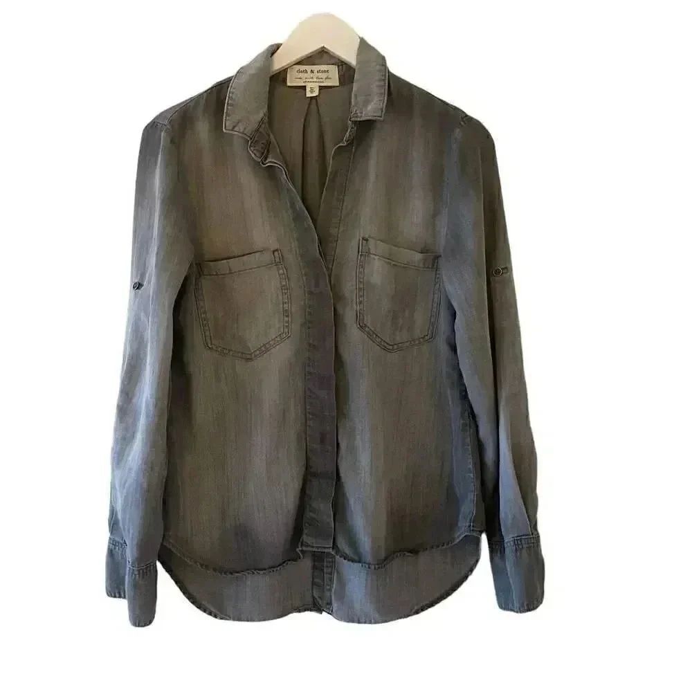 Cloth & Stone Anthropologie Gray Sun Washed Shirt Top Round Hilow Hem SZ S #1789